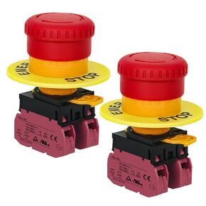 2-PACKS 2NC 22mm Mushroom Emergency Stop Push Button Switch 10A 600V Latching Safety Replacement UL Listed (2NC, 2)