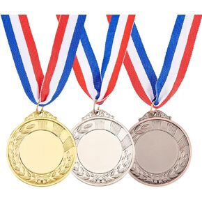 FINGERINSPIRE 3 Pcs Zinc Alloy Blank Medal 1.57inch Inner Diameter Flat Round Golden Platinum and Red Copper Award Medals with Neck Ribbon Sports Winner Wheat Medal Lanyard Medal for Trophy Award Gift