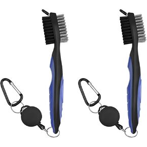 QUMOX Pack of 2 Golf Club Brush Groove Cleaner with 2 Ft Retractable Zip-line and Aluminum Carabiner Cleaning Tools, Easily Attaches to Golf Bag