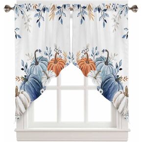 Thanksgiving Day Swag Curtain Valances, Pumpkin Blue Orange Fall Flower Leaves Wooden Farmhouse Light Gray Rod Pocket Short Window Swag Topper Curtains for Kitchen Bedroom Bathroom, 2 Panel, 36"x36"