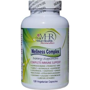 VHR WELLNESS COMPLEX IMMUNE BOOSTING Formula with Echinacea, Goldenseal, Garlic, Probiotics, Elderberry, Astragalus, Grapeseed, Cayenne, Bioflavonoids, Eleuthero, Ginger, Vit. C, Zinc. 120 veg caps