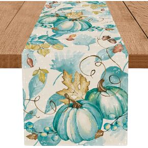 Fall Table Runner Cyan Pumpkins Leaves Pine Cones Glitter Long Table Runner 13x72 Inch Autumn Farmhouse Kitchen Dining Table Decorations Indoor Outdoor Party Decor
