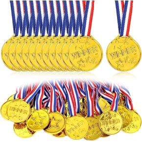 Plastic Medals, 30 Pcs Gold Winner Award Medals with Ribbon Necklaces Contest Winner Prizes for Sports, Games Competition, Talent Show, Spelling Bee, Gymnastic, Birthday Party Favors or Decor