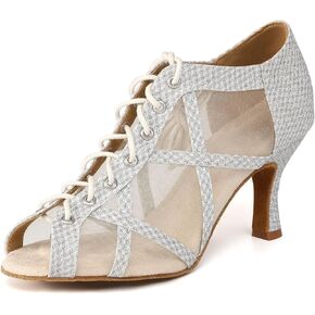 Women's Latin Salsa Dance Shoes Lace-up Open-Toe Wedding Party Professional Ballroom Dancing Heels, Model QRX-X526