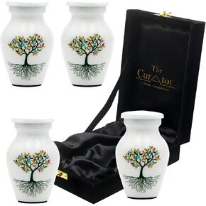 White Small Urn for Human Ashes - Set of 4 Cremation Urns for Adult Ashes - Mini Keepsake Burial Urn for Male, Female - Decorative Urns with Velvet Box & Bag - Funeral Urn Ashes for Loved Ones Remains