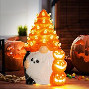 Ceramic Gnome Halloween Decorations -Orange Pumpkin Gnome Ceramic Tree Lighted Table Decor - Black Decor Bedroom Indoor, Halloween Centerpieces for Tables Gnome