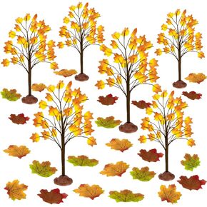 6 Pieces Village Autumn Maple Trees Artificial Maple Tree Tabletop Fall Fake Maple Tree with 100 Pcs Maple Leaves and Led Orange Battery Operated Light for Thanksgiving Harvest Home Fall Party Decor