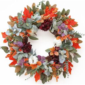 Fall Wreaths for Front Door, 22 Inch Autumn Door Wreath with Purple and Green Leaves, Pumpkin Halloween Wreath for Farmhouse Holiday Indoor Outdoor Outside Decor