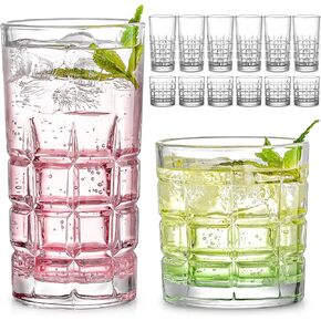 Mfacoy Drinking Glasses Set of 12, Clear Glass Cups, Mixed Glassware Sets, 13 OZ Large Highball Water Glasses & 10 OZ Rock Glasses, Tumbler Drinkware Kitchen for Cocktail Iced Coffee Beer Tea Whiskey