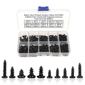 500Pcs Phillips Pan Head Self-Tapping Wood Screws Black M2 M2.3 M2.6 M3 Carbon Steel Self Tapping Screws Cross Recessed Round Head Self Tapper Screws Assortment Kit with Storage Box