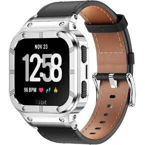 Leather Bands with Stainless Steel Case Compatible with Fitbit Versa 1 2 3 4 Lite Sense 2 1 Protective case for men