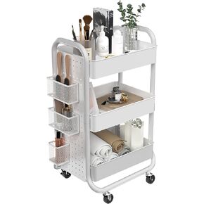 DESIGNA 3-Tier Utility Storage Rolling Cart with Removable Pegboard & Extra Storage Baskets Hooks, Metal Craft Art Carts for Gift Home Office, Teal