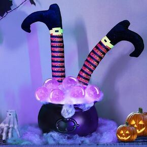 Halloween Decorations Indoor - Cauldron Halloween Decor with Witches Legs and Clear Balls Stretchy Cobwebs-Black Plastic Witches Bowl Hocus Pocus Party Decoration for Spooky Vintage Home Kitchen Table