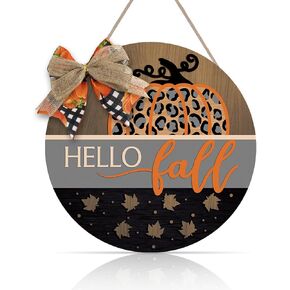 OLMIXA Hello Fall with Bow Wooden Sign (12x12 inch), Outdoor Pumpkin Maple Leaf Door Hanger, Autumn Thanksgiving Welcome Hanging Sign for Front Door Proch Farmhouse Decor