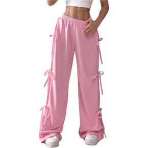 Verdusa Women's Bow Wide Leg Sweatpants Elastic Waist Sweat Baggy Pants with Pocket