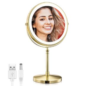 Rechargeable 8'' Lighted Makeup Mirror, 1X 10X Magnifying Vanity Mirror with 3 Color LED Lights, Touch Sensor Adjust Brightness Double-Sided Cosmetic Mirror, Gold Finish