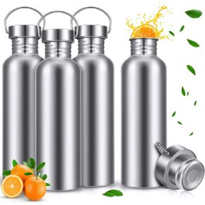 CHENGU 4 Pack Uninsulated Single Walled Stainless Steel Sports Water Bottle 304 18/8 Stainless Steel Camping Water Bottle for Cyclists, Runners, Hikers (34 oz)