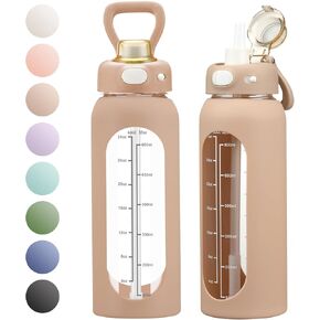 SIEROZUR 64 oz Glass Water Bottle with Straw and Handle Large Sports Motivational Water Bottle Flask with Time Marker Leakproof Water Jug with Silicone Sleeve for Gym