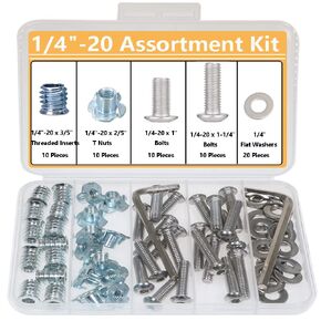 1/4-20 إدراجات مترابطة للخشب، 1/4 بوصة - 20 T صواميل، 1/4-20 × 1 بوصة، 1-1/4 بوصة براغي غطاء مقبس رأس زر وغسالات للأثاث الخشبي (1/4 بوصة- 20 طقم، 60 قطعة)
