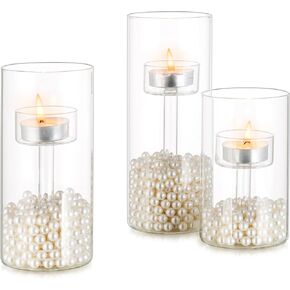 Inweder Clear Glass Tealight Candle Holder: 3Pcs Clear Votive Candle Holders Cylinder Glass Candle Holder Modern Hurricane Tea Light Candle Holder Wedding Party Home (Fits Standard Tealight)