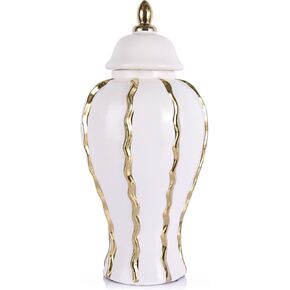 14.2" White with Gold Stripes Ceramic Ginger Jar with Lid - Decorative Ginger Jar Vase for Home & Office - Modern Luxury Living Room or Kitchen Ornaments Designs