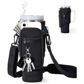 Water Bottle Carrier Bag with Phone Pocket for Stanley 40/30 oz Tumbler Neoprene Water Bottle Holder Pouch with Adjustable Strap (Cream)