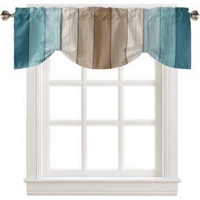 Teal Brown Ombre Tie Up Valances for Windows/Kitchen/Bathroom/Bedroom, Farmhouse Beige Wooden Striped Adjustable Curtain Valance Balloon Window Shades Small Drapes Panel 60''x18''
