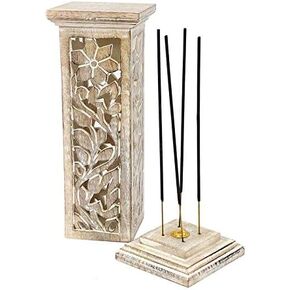 Incense Holders and Burners : Wooden Incense Stick Tower Burner Stand Holder Handmade Ash Catcher Floral Design (White Wash)
