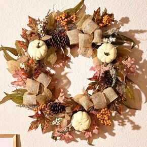 DecorbyHannah Collapsible Fall Wreaths for Front Door, 24 inch Pre-Lit Autumn Wreath with Pumpkin Berries Pinecone Maple Leaves Bows for Harvest Thanksgiving Home Wall Window Indoor Outdoor Decor
