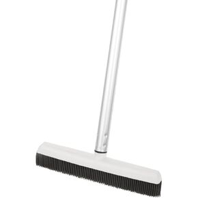 Rubber Bristle Broom for Floors Salon Broom, Rubber Squeegee Broom, Rug Broom, Rubber Rake for Human Hair, Pet Hair, Fur, Lint, Liquid, with 3-Part Handle, Grey