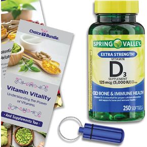 Spring Valley Vitamin D3 Softgels, 125 mcg per Softgel, 5,000 IU, 250 Ct Choice Bundle + “Vitamin Vitality" Guide & Keychain Pill Container (3 Items)!