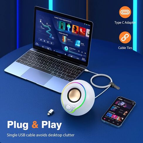 مكبرات صوت للكمبيوتر USB من LNEURE، مكبرات صوت للكمبيوتر المحمول، تشغيل بالقابس، صوت عالٍ وواضح، سهولة الوصول إلى مستوى الصوت، مع محول من النوع C، أضواء ملونة، لسطح المكتب والكمبيوتر الشخصي والكمبيوتر المحمول والهاتف in Saudi Arabia