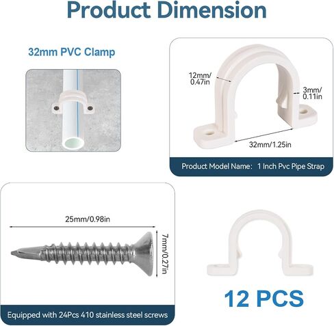 مشابك أنابيب 3/4 بوصة، حزام أنابيب PVC محدث 25 مم مشبك قناة مع 24 قطعة 410 براغي ذاتية التنصت لـ 12 مجموعة 3/4 مشابك قناة بلاستيكية in Kuwait