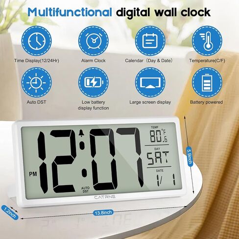 14.5Inch Large Digital Wall Clock Battery Operated Alarm Clocks with Jumbo Display,Temperature,Day and Date,Large LCD Screen Digital Clock Desk Clock for Bedroom,Office,Living Room, Black in Saudi Arabia