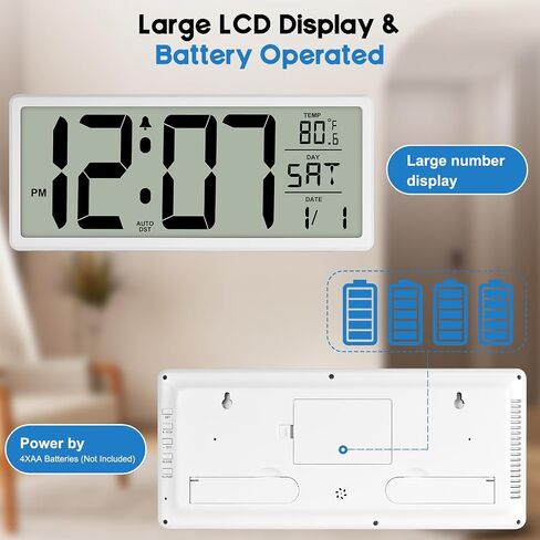 14.5Inch Large Digital Wall Clock Battery Operated Alarm Clocks with Jumbo Display,Temperature,Day and Date,Large LCD Screen Digital Clock Desk Clock for Bedroom,Office,Living Room, Black in Saudi Arabia
