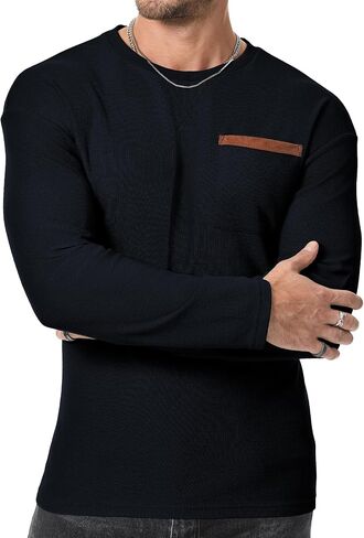 JMIERR Men's T-Shirt Waffle Textured Knit Drop-Shoulder Long Sleeve Tops Hipster Hip Hop Longline Crewneck Tees with Pocket in Saudi Arabia