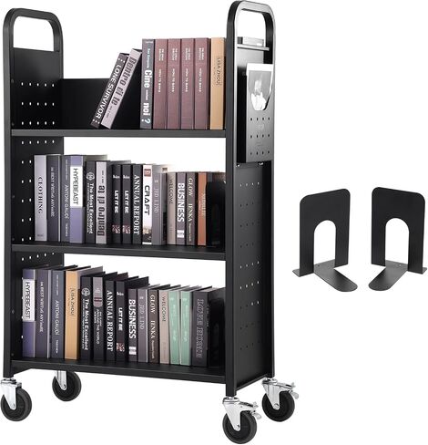 Book Cart, 330 lbs Library Cart, 31.1" x 15.2" x 49.2" Rolling Book Cart, Single Sided V-Shaped Sloped Shelves with 4-Inch Lockable Wheels for Home Shelves Office and School, Book Truck in Cream in Saudi Arabia