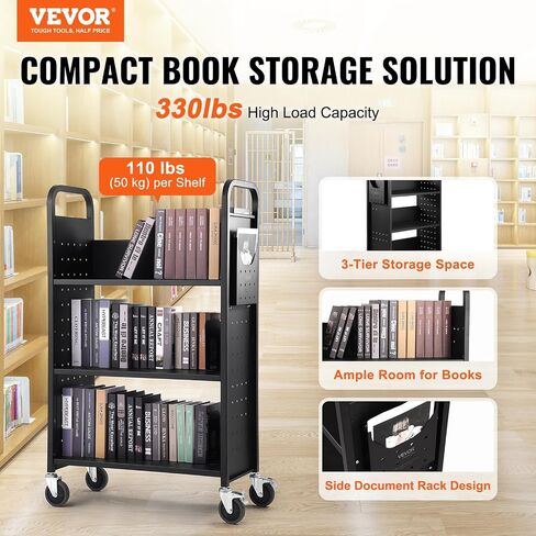 Book Cart, 330 lbs Library Cart, 31.1" x 15.2" x 49.2" Rolling Book Cart, Single Sided V-Shaped Sloped Shelves with 4-Inch Lockable Wheels for Home Shelves Office and School, Book Truck in Cream in Saudi Arabia
