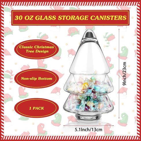 Sliner 9.06 x 5.12 Inch 30oz Christmas Tree Candy Jars Glass Cookie Jars with Lids Lovely Christmas Tree Jar Clear Bowl Food Storage Container for Xmas Festival Holiday Party Gift Table Decoration in Saudi Arabia