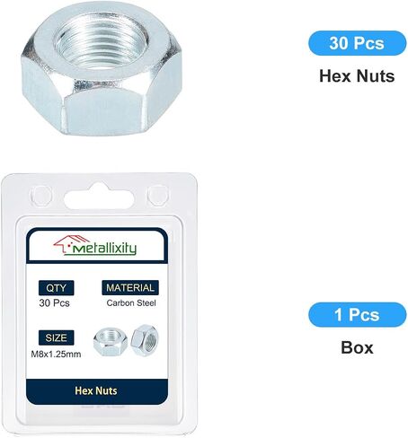 METALLIXITY Hex Nuts (M8x1.25mm) 30Pcs, Carbon Steel Metric Coarse Thread Zinc Plated Hexagon Nut Hardware - for DIY Home Repair Machinery, Silver White in Saudi Arabia