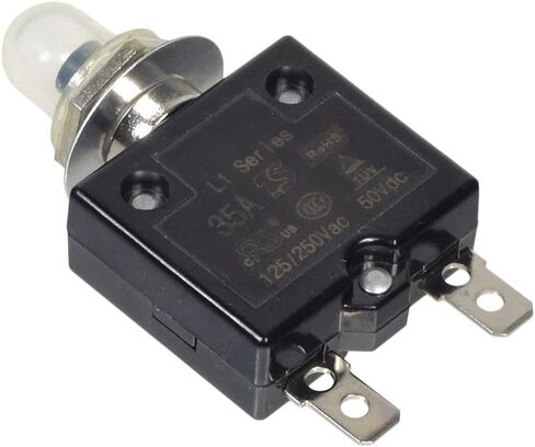 AlveyTech 50VDC 125/250VAC قاطع دائرة إعادة ضبط بزر ضغط مع طوق معدني ملولب وحذاء مطاطي - قواطع مفاتيح بديلة، سكوتر، بحري، دراجة إلكترونية، مولد، حماية من الحمل الزائد (35 أمبير) in Saudi Arabia