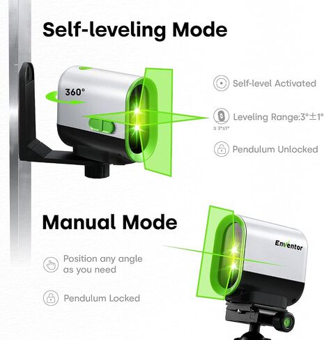 ENVENTOR Green Laser Level, 164FT USB Rechargeable Li-ion Battery 360° Self Leveling Laser Level for Wall Picture Hanging, Waterproof Cross Line Laser Tool Outdoor with Pulse Mode, Magnetic Base in Saudi Arabia