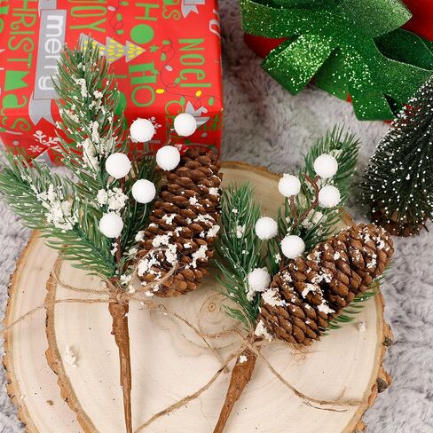 DR.DUDU 10 عبوات من أغصان عيد الميلاد الصناعية دائمة الخضرة مقاس 11.5 بوصة مع مخروط الصنوبر المتدفق، DIY لأكاليل العطلات، والأغصان، والأغصان دائمة الخضرة المتجمعة، وعناصر العروة والصدر (أبيض) in Kuwait