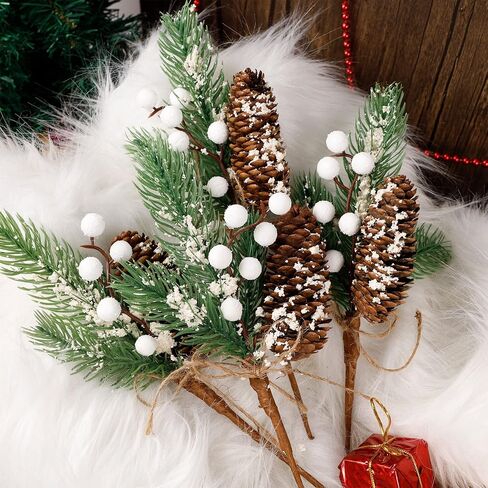 DR.DUDU 10 عبوات من أغصان عيد الميلاد الصناعية دائمة الخضرة مقاس 11.5 بوصة مع مخروط الصنوبر المتدفق، DIY لأكاليل العطلات، والأغصان، والأغصان دائمة الخضرة المتجمعة، وعناصر العروة والصدر (أبيض) in Kuwait