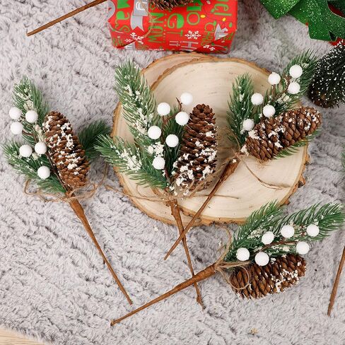 DR.DUDU 10 عبوات من أغصان عيد الميلاد الصناعية دائمة الخضرة مقاس 11.5 بوصة مع مخروط الصنوبر المتدفق، DIY لأكاليل العطلات، والأغصان، والأغصان دائمة الخضرة المتجمعة، وعناصر العروة والصدر (أبيض) in Kuwait