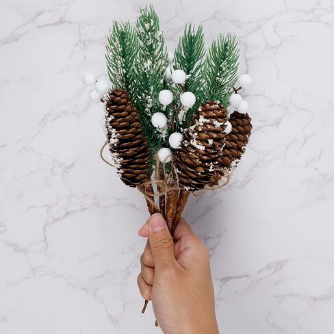 DR.DUDU 10 عبوات من أغصان عيد الميلاد الصناعية دائمة الخضرة مقاس 11.5 بوصة مع مخروط الصنوبر المتدفق، DIY لأكاليل العطلات، والأغصان، والأغصان دائمة الخضرة المتجمعة، وعناصر العروة والصدر (أبيض) in Kuwait