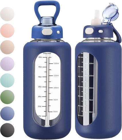 SIEROZUR 64 oz Glass Water Bottle with Straw and Handle Large Sports Motivational Water Bottle Flask with Time Marker Leakproof Water Jug with Silicone Sleeve for Gym in Saudi Arabia