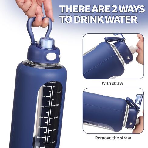 SIEROZUR 64 oz Glass Water Bottle with Straw and Handle Large Sports Motivational Water Bottle Flask with Time Marker Leakproof Water Jug with Silicone Sleeve for Gym in Saudi Arabia