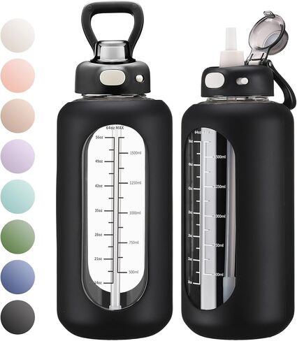 SIEROZUR 64 oz Glass Water Bottle with Straw and Handle Large Sports Motivational Water Bottle Flask with Time Marker Leakproof Water Jug with Silicone Sleeve for Gym in Saudi Arabia