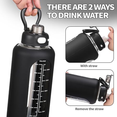 SIEROZUR 64 oz Glass Water Bottle with Straw and Handle Large Sports Motivational Water Bottle Flask with Time Marker Leakproof Water Jug with Silicone Sleeve for Gym in Saudi Arabia